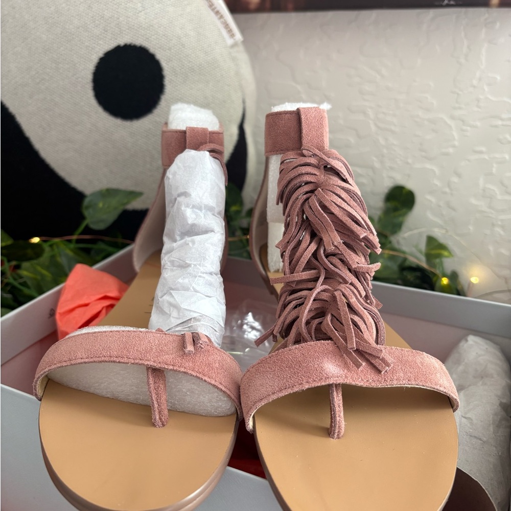 Sole Society Pink Fringe Suede Sandals